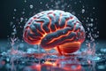 Glowing human brain with water droplets highlighting neural activity and fluid dynamics Royalty Free Stock Photo