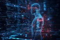 Glowing human silhouette made of blue data lines and circuits in a dark digital environment. Royalty Free Stock Photo