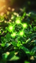Glowing hydrogen molecule icon above vibrant greenery with dewdrops symbolizing renewable energy Royalty Free Stock Photo