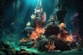 glowing hydrothermal vent surrounded by deep-sea creatures