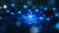 Glowing A I Chip on Blue Circuit Board with Molecular Network artificial intelligence motherboard Royalty Free Stock Photo