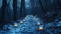 Glowing ice lanterns along a forest path . Royalty Free Stock Photo
