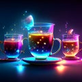 Glowing illustration of two cups of hot tea on a dark background Generative AI Royalty Free Stock Photo