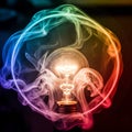 A glowing incandescent light bulb is surrounded by colorful swirling smoke Royalty Free Stock Photo