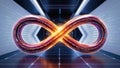 glowing infinity loop made of binary code streams symbolizes continuous learning of AI, showcasing fusion of technology and