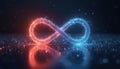 Glowing infinity loop with red and blue particles floats on dark surface. Bright dust swirls creating endless motion effect. Royalty Free Stock Photo