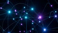 Glowing interconnected network of blue and purple lights on a dark background representing data flow and digital Royalty Free Stock Photo