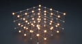 Glowing interconnected nodes forming a futuristic 3D network cube structure Royalty Free Stock Photo