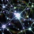 Glowing interconnected nodes represent a neural network structure against a Royalty Free Stock Photo