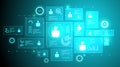 Glowing interface with user icons, progress charts, and analytics panels visualizing personal data integration in