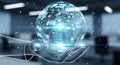 Futuristic digital globe held in transparent hands symbolizing global technology and innovation Royalty Free Stock Photo