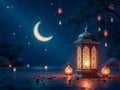 Glowing Islamic Lantern and Crescent Moon at Night for Ramadan or Eid Celebration Royalty Free Stock Photo