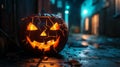 Glowing Jack-o\'-lantern on a Cobblestone Street at Night Royalty Free Stock Photo