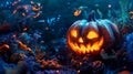 Glowing Jack-o\'-Lantern in a Dark and Magical Forest Royalty Free Stock Photo