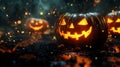 Glowing Jack-o\'-Lantern in a Dark, Smoky Forest Royalty Free Stock Photo