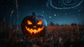 Glowing Jack-o\'-Lantern in a Field Under a Starry Night Royalty Free Stock Photo