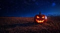Glowing Jack-o\'-Lantern in a Field Under a Starry Night Sky Royalty Free Stock Photo