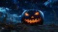 Glowing Jack-o\'-lantern in a Night Field Royalty Free Stock Photo