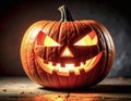 Glowing jack o lantern pumpkin with menacing carved face in dramatic stone setting Royalty Free Stock Photo