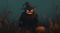 A Glowing Jack-o\'-lantern Scarecrow in a Field at Night Royalty Free Stock Photo