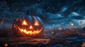 Glowing Jack-o\'-lantern in a Spooky Night Field Royalty Free Stock Photo