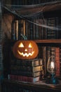 Glowing jack-o\'-lantern on a stack of books in a spooky library setting. Royalty Free Stock Photo
