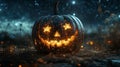Glowing Jack-o\'-Lantern with Starry Eyes in Night Field Royalty Free Stock Photo