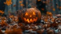 A glowing jack-o\'-lantern surrounded by autumn leaves