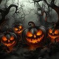 Glowing Jack OLanterns in a Spooky Forest. Halloween Celebration Background, 3D render. Royalty Free Stock Photo