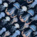Vector seamless pattern with glowing jellyfish