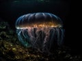 Glowing jellyfish in dark abyss