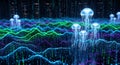 Glowing Jellyfish in Digital Ocean with Abstract Data Waves Royalty Free Stock Photo