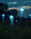 Glowing Jellyfish Floating in a Mystical Night Landscape