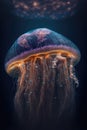 Glowing jellyfish swim deep in blue sea. Medusa neon jellyfish fantasy in space cosmos water. 3d illustration Royalty Free Stock Photo