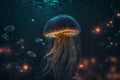 Glowing jellyfish swim deep in blue sea. Medusa neon jellyfish fantasy in space cosmos water. 3d illustration Royalty Free Stock Photo