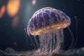 Glowing jellyfish swim deep in blue sea. Medusa neon jellyfish fantasy in space cosmos water. 3d illustration Royalty Free Stock Photo