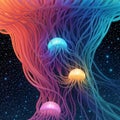 Glowing jellyfish swim deep in blue sea. Medusa neon jellyfish fantasy in space cosmos among stars - generated by ai