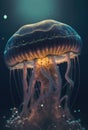 Glowing jellyfish swim deep in blue sea. Medusa neon jellyfish fantasy in space cosmos water Royalty Free Stock Photo