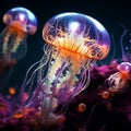 Glowing jellyfish swim in sea