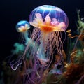 Glowing jellyfish swim in sea