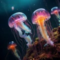 Glowing jellyfish swim in sea