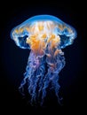 A glowing jellyfish with trailing tentacles illuminates the dark depths of the ocean.