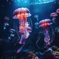 Glowing jellyfish underwater. Neon jellyfish