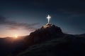 Glowing Jesus Christ Cross On Top Of A Mountain At Dawn Royalty Free Stock Photo