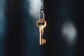A glowing key hovers in midair, illuminated by a faint and mysterious light. It is enveloped by deep shadows, creating Royalty Free Stock Photo