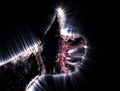 Glowing kirlian aura photography of a human male hand showing different signs and symbols