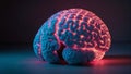 Glowing knitted plush toy in the shape of a human brain of soft shade of pink including the cerebral cortex with gyri and sulci