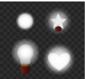 Glowing lamps on a transparent background. Vector lamp in the form of a ball. hearts, stars, belfry illustration of light effects