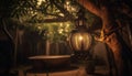 Glowing lantern hangs from antique tree outdoors generated by AI