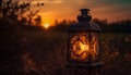 Glowing lantern illuminates antique tree at dusk generated by AI